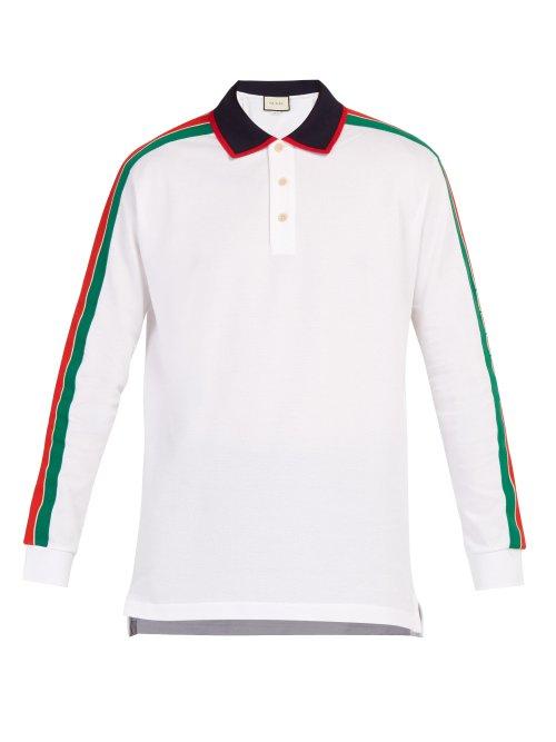Matchesfashion.com Gucci - Web Stripe Long Sleeved Cotton Piqu Polo Shirt - Mens - White Multi