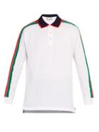 Matchesfashion.com Gucci - Web Stripe Long Sleeved Cotton Piqu Polo Shirt - Mens - White Multi