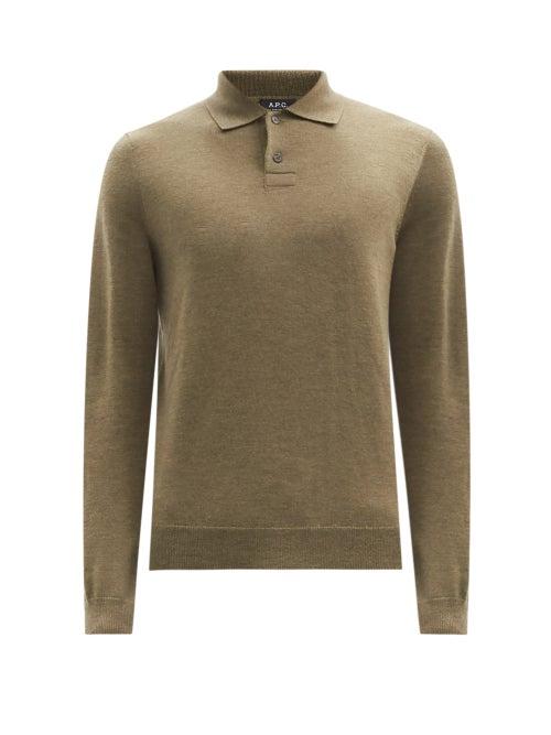 A.p.c. - Jerry Knitted Long-sleeved Polo Shirt - Mens - Khaki