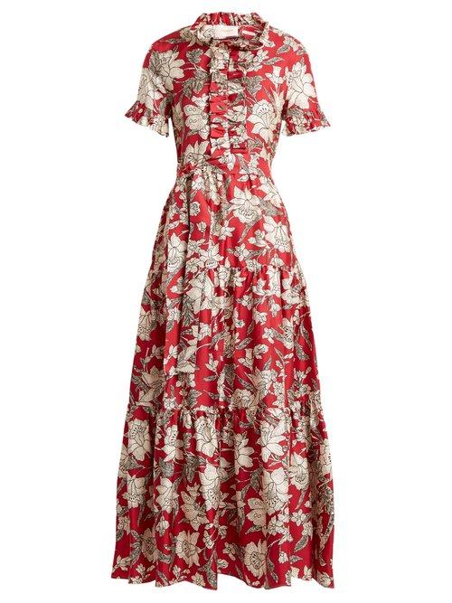 Matchesfashion.com La Doublej - Long & Sassy Lilium Print Silk Twill Dress - Womens - Red Print