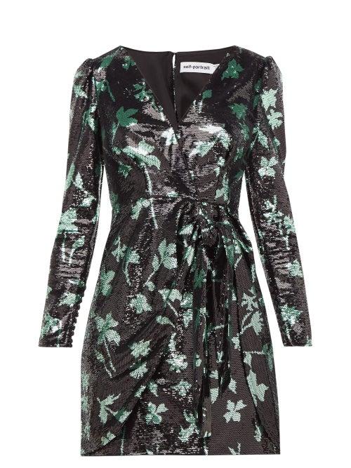 Matchesfashion.com Self-portrait - Leaf Sequinned Wrap Dress - Womens - Black Green