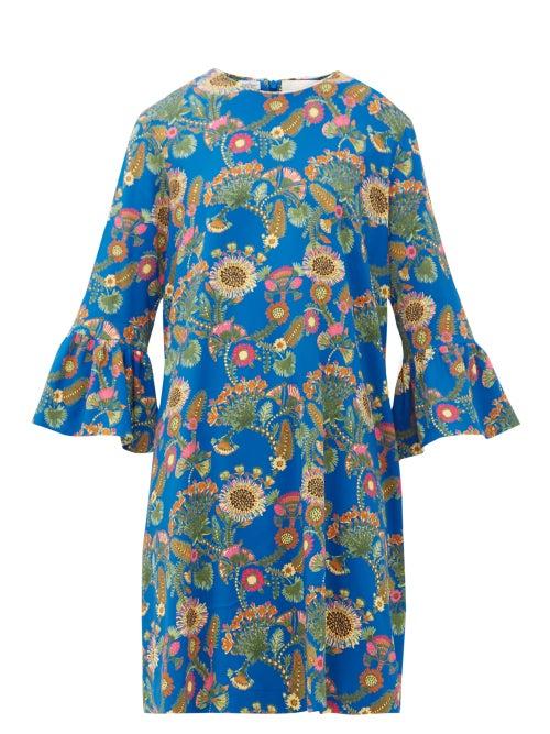 Matchesfashion.com La Doublej - 24/7 Thistle-print Trumpet-sleeve Crepe Dress - Womens - Blue Print