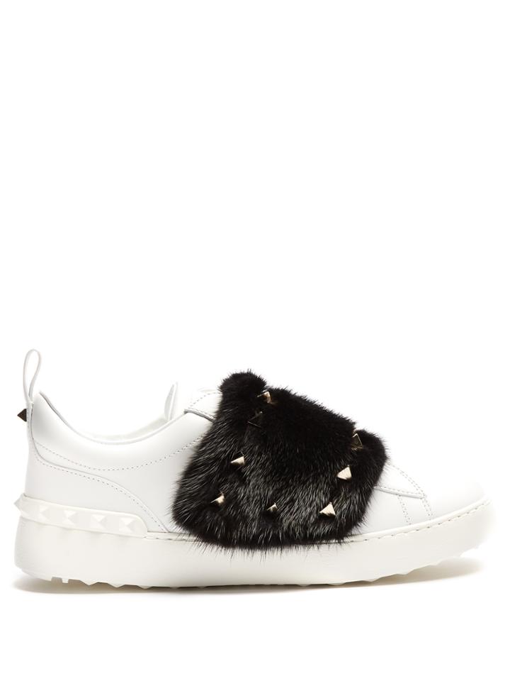 Valentino Mink-fur Rockstud Low-top Leather Trainers