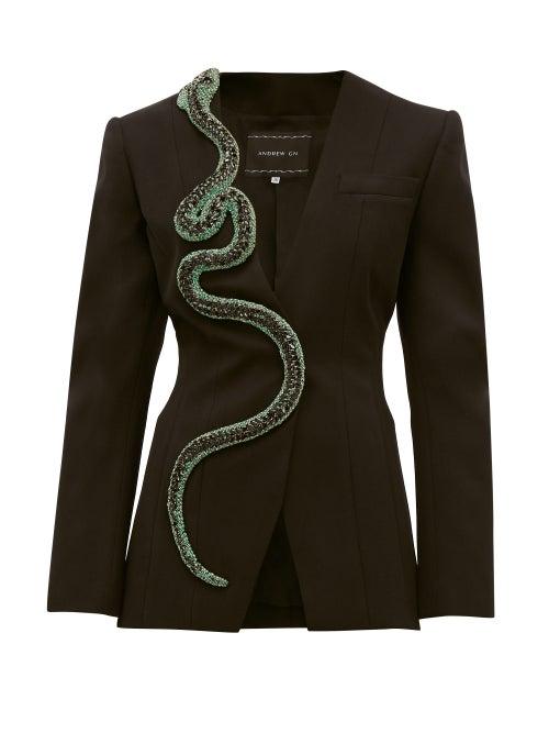 Matchesfashion.com Andrew Gn - Crystal Snake Wool Blend Blazer - Womens - Black Green