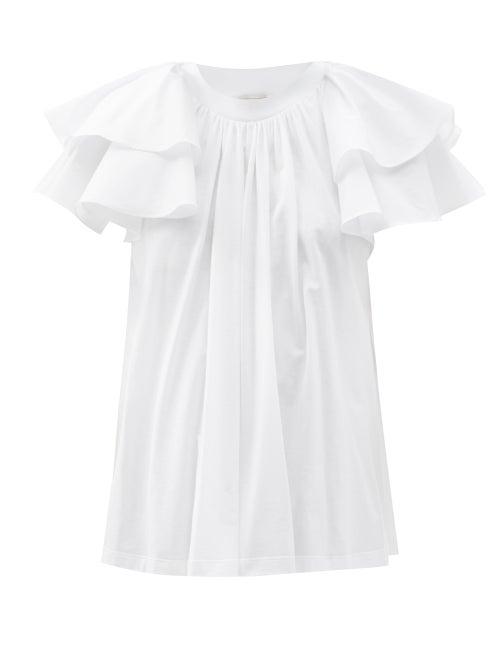 Ladies Rtw Alexander Mcqueen - Ruffled-sleeve Cotton-jersey Top - Womens - White