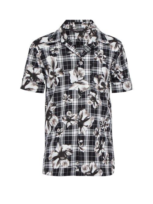 Matchesfashion.com Neil Barrett - Hawaiian Print Tartan Cotton Shirt - Mens - Black White