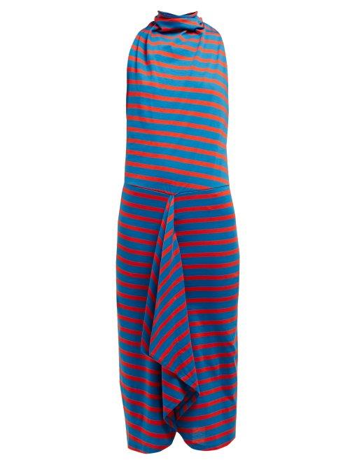 Matchesfashion.com Atlein - Striped Cowl Neck Cotton Midi Dress - Womens - Blue Multi