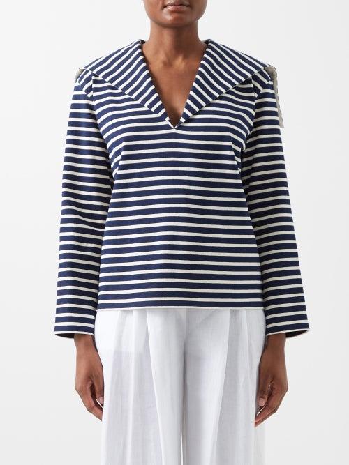 Les Vacances D'irina - Sailor-collar Striped Organic-cotton Jersey Top - Womens - White Navy