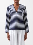 Les Vacances D'irina - Sailor-collar Striped Organic-cotton Jersey Top - Womens - White Navy