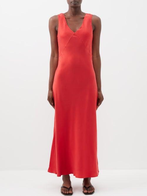 Asceno - Bordeaux V-neck Silk-crepe De Chine Midi Dress - Womens - Red