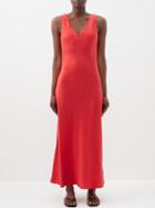 Asceno - Bordeaux V-neck Silk-crepe De Chine Midi Dress - Womens - Red