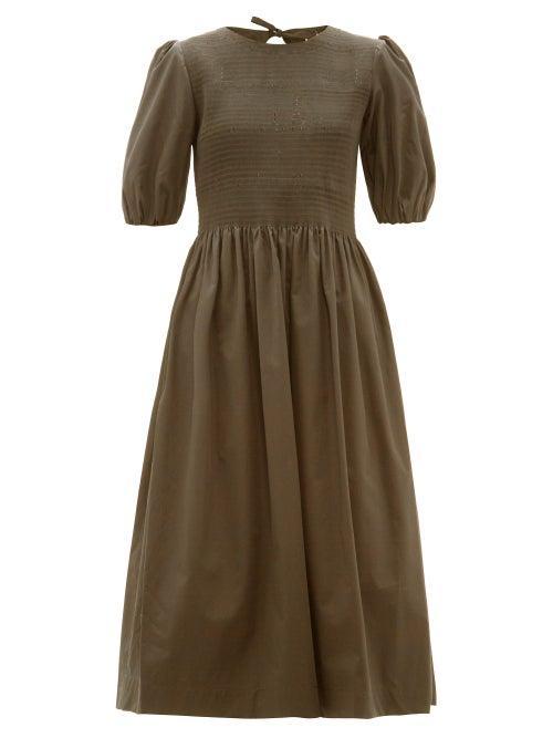 Matchesfashion.com Molly Goddard - Rory Smocked Puff Sleeve Cotton Midi Dress - Womens - Khaki