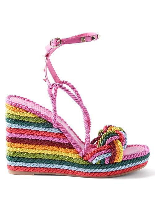 Valentino Garavani - Rockstud Braided Espadrille Wedges - Womens - Pink Multi