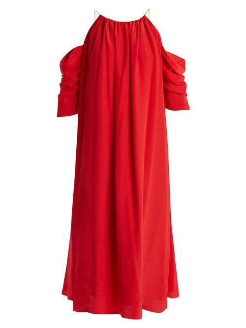 Matchesfashion.com Anna October - Open Shoulder Silk Blend Midi Dress - Womens - Red