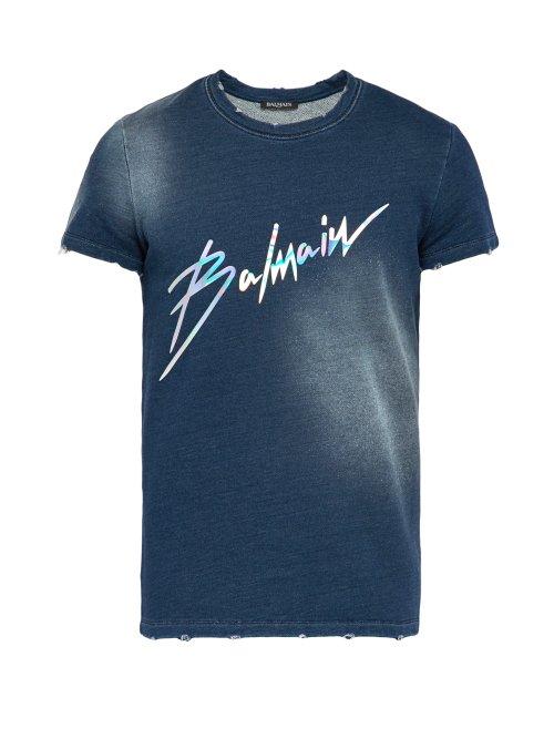 Matchesfashion.com Balmain - Distressed Effect Logo Print Cotton T Shirt - Mens - Navy