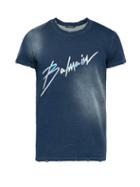 Matchesfashion.com Balmain - Distressed Effect Logo Print Cotton T Shirt - Mens - Navy