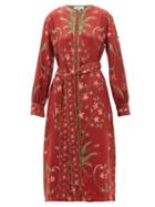 Matchesfashion.com D'ascoli - Belted Floral Print Silk Twill Dress - Womens - Red Multi