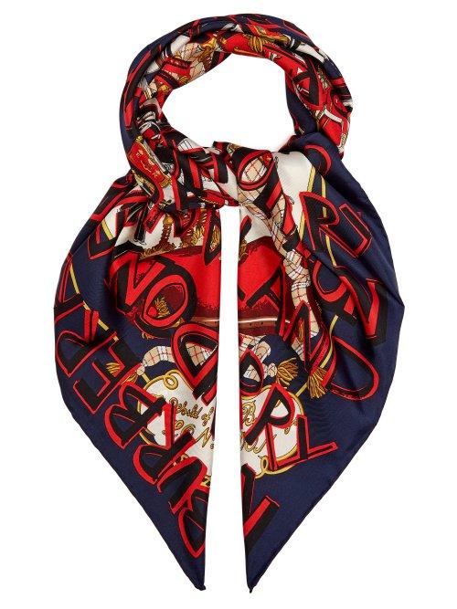 Matchesfashion.com Burberry - Graffiti Print Silk Scarf - Womens - Navy