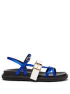 Matchesfashion.com Marni - Fussbett Satin And Patent Leather Sandals - Womens - Blue White