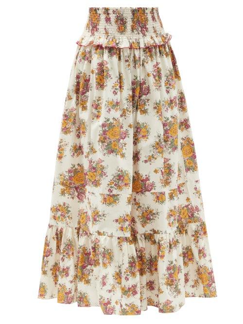Loretta Caponi - Amira Shirred Floral-print Cotton Skirt - Womens - White Print