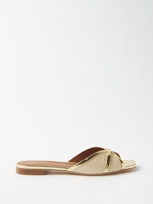 Malone Souliers - Perla Croc-effect Leather Slides - Womens - Beige Gold