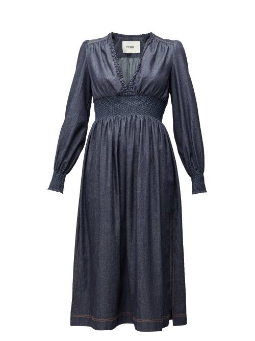 Matchesfashion.com Fendi - Smocked Chambray Midi Dress - Womens - Indigo