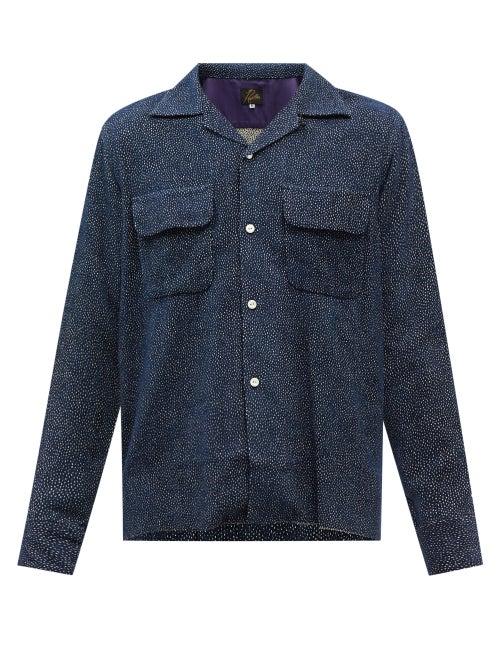 Needles - Cuban-collar Polka Dot-jacquard Shirt - Mens - Navy
