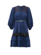 Matchesfashion.com Love Binetti - Lace Trim Tie Waist Tiered Cotton Dress - Womens - Dark Blue