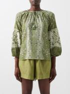 D'ascoli - Makassar Floral-print Cotton-khadi Top - Womens - Green Print