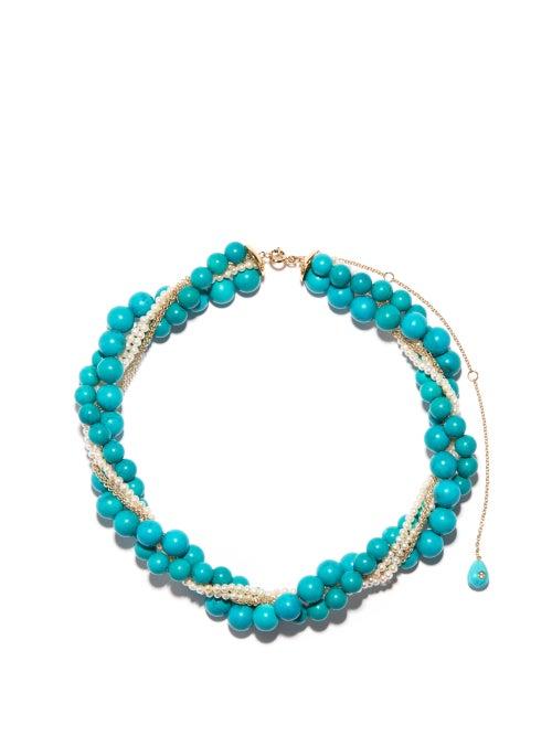Yvonne Lon - Turquoise, Pearl & 9kt Gold Beaded Necklace - Womens - Blue