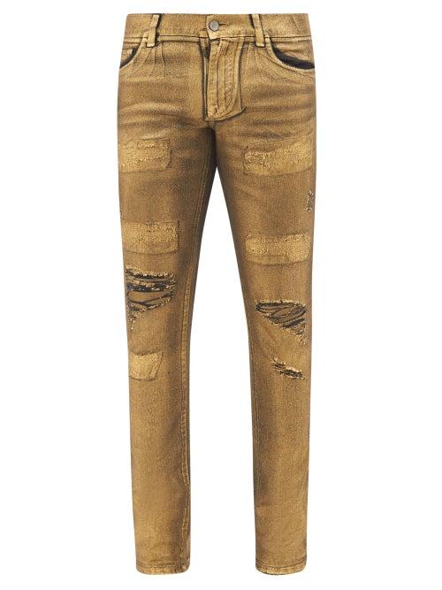Dolce & Gabbana - Metallic-coated Distressed Skinny Jeans - Mens - Gold
