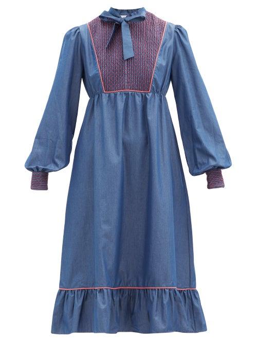 Matchesfashion.com Loretta Caponi - Nadia Smocked Cotton-poplin Midi Dress - Womens - Dark Blue