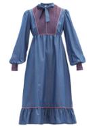 Matchesfashion.com Loretta Caponi - Nadia Smocked Cotton-poplin Midi Dress - Womens - Dark Blue