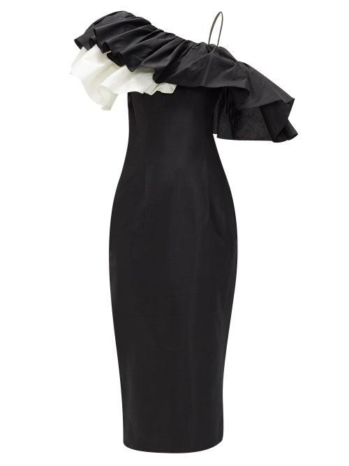 Matchesfashion.com Rasario - One-shoulder Ruffle-trim Silk Midi Dress - Womens - Black White