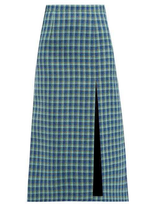 Matchesfashion.com Balenciaga - Side Slit Checked Wool Midi Skirt - Womens - Blue Multi