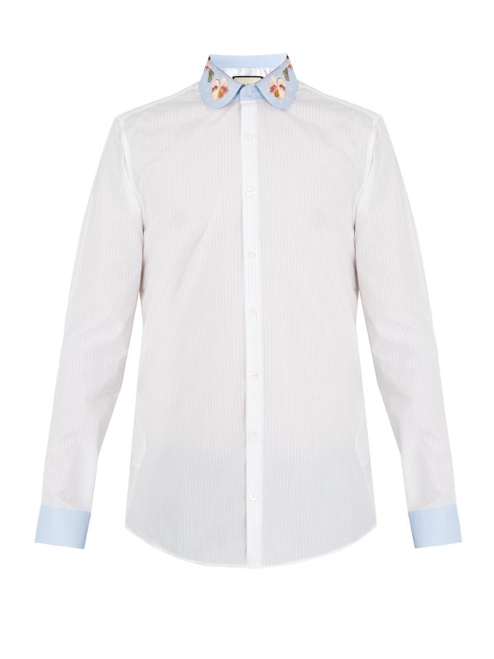 Gucci Floral-embroidered Striped Cotton Shirt