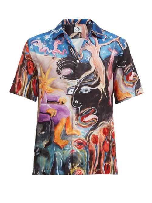 Matchesfashion.com Endless Joy - Abstract-print Cuban-collar Twill Shirt - Mens - Multi