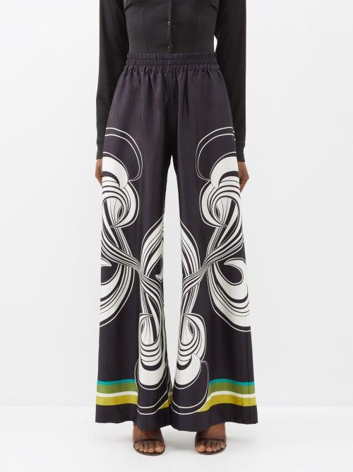 La Doublej - Printed Silk-twill Palazzo Trousers - Womens - Black Multi