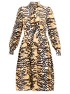 Matchesfashion.com Shrimps - Eros Tiger Print Pussy Bow Silk Blend Midi Dress - Womens - Brown Multi