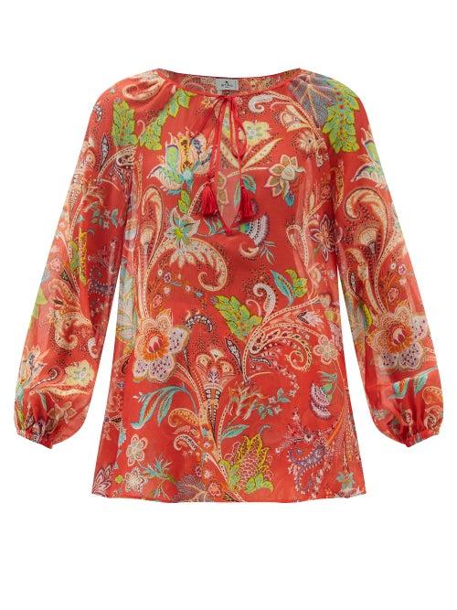 Etro - Pink Moon Paisley-print Cotton-blend Blouse - Womens - Orange Print