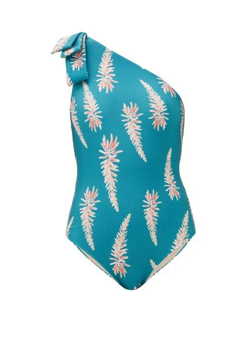 Matchesfashion.com Adriana Degreas - Asymmetric Aloe Vera-print Swimsuit - Womens - Blue Print