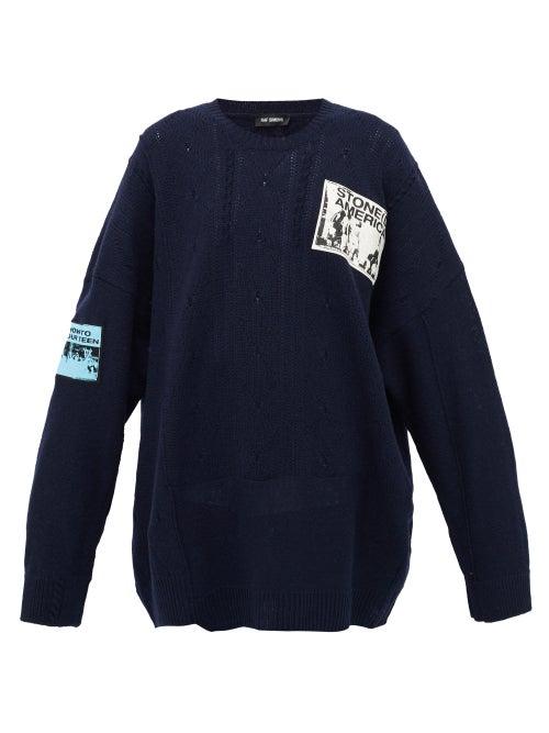 Matchesfashion.com Raf Simons - Patch-appliqu Distressed Merino-wool Sweater - Womens - Navy
