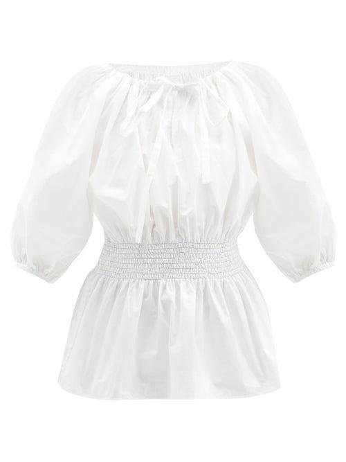 Matchesfashion.com Loretta Caponi - Stella Shirred Cotton Blouse - Womens - Ivory