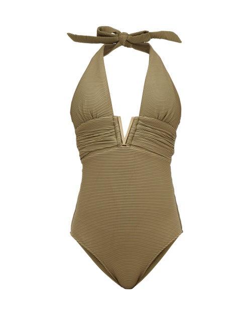 Matchesfashion.com Heidi Klein - Venice V Bar Halterneck Swimsuit - Womens - Khaki