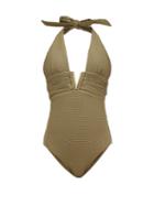 Matchesfashion.com Heidi Klein - Venice V Bar Halterneck Swimsuit - Womens - Khaki