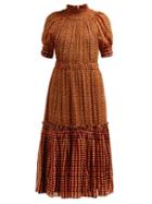 Matchesfashion.com Proenza Schouler - Square Print Gathered Silk Georgette Midi Dress - Womens - Orange Multi