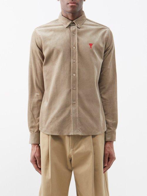 Ami - Ami De Caur-logo Cotton-corduroy Shirt - Mens - Beige