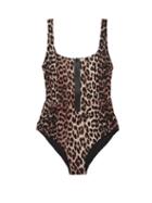 Matchesfashion.com Ganni - Zipped Low-back Leopard-print Swimsuit - Womens - Leopard