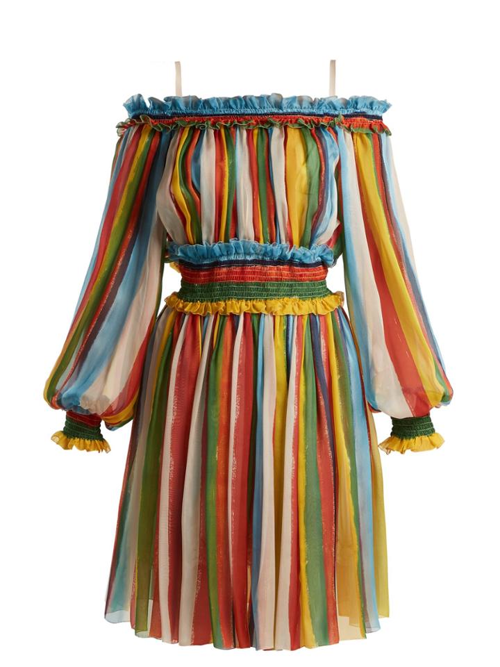 Dolce & Gabbana Striped Silk-chiffon Off-the-shoulder Dress