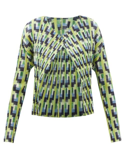 Pleats Please Issey Miyake - Lull Geometric-print Technical-pleated Cardigan - Womens - Yellow